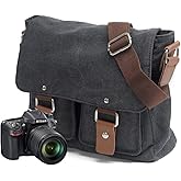 peacechaos Men's Canvas Camera Bag Leather DSLR SLR Camera Case Vintage Camera Messenger Bag Shoulder Bag Sling Bag (Dark Grey)