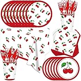 141Pcs Cherry Birthday Decorations - Party Plates and Napkins Forks Cups Straws Tablecloch for 20 Guests Cherry Fruit Themed for Baby Shower Birthday Party Decorations
