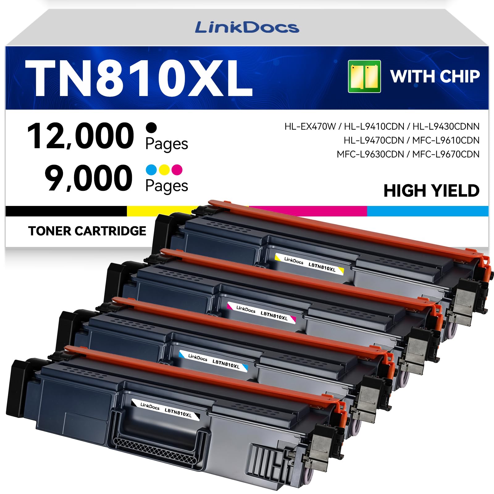 Photo 1 of LinkDocs TN810XL High Yield Toner Cartridge Replacement for Brother TN-810 TN810 TN-810XL Used with Brother MFC-L9610CDN HL-EX470W HL-L9410CDN HL-L9430CDN HL-L9470CDN Printer (4 Color Pack)