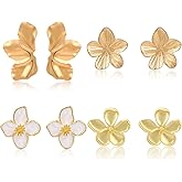 Gold Flower Earrings Floral Petal Stud Earrings Statement Earrings for Women 4 Pairs