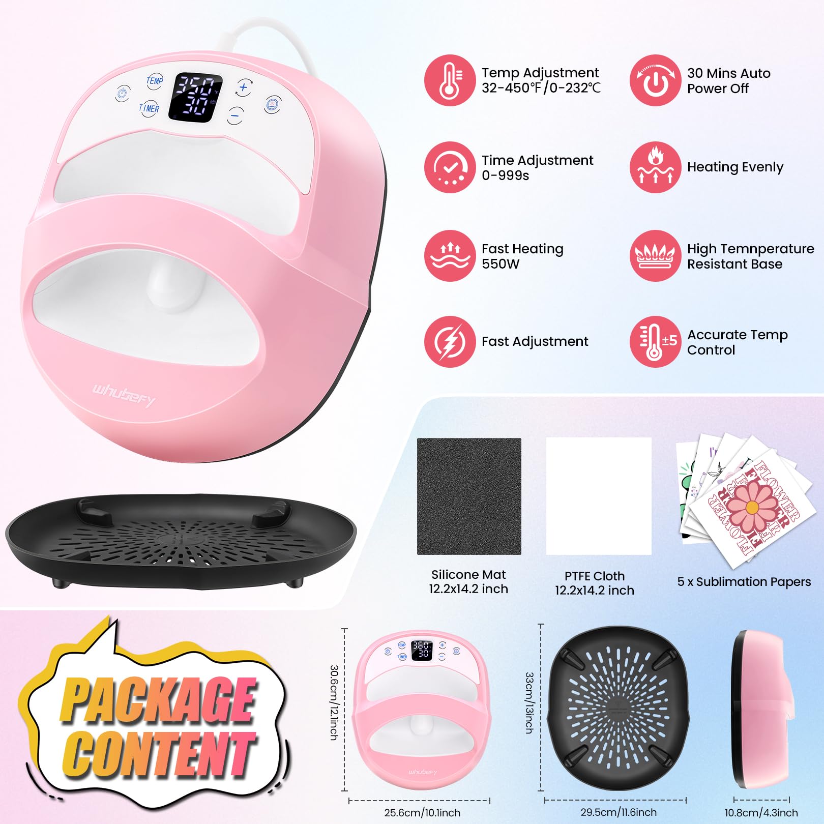 Whubefy Heat Press Machine for T Shirts 12x10 Portable Easy Iron Press with Insulated Safety Base & Auto-Off, 550W Dual-Tube Fast Heating & Precise Temperature Control for Wind Spinner, Bags, Pillows