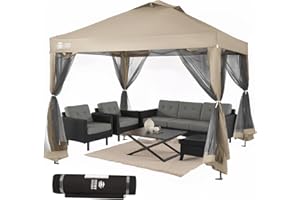 CROWN SHADES Gazebo 10x10 Pop Up Canopy with Mosquito Netting, Screen Tent with 4 Ropes, 8 Stakes, 4 Sandbags and Wheeled Storage Bag, Canopy for Patio & Backyard, Beige