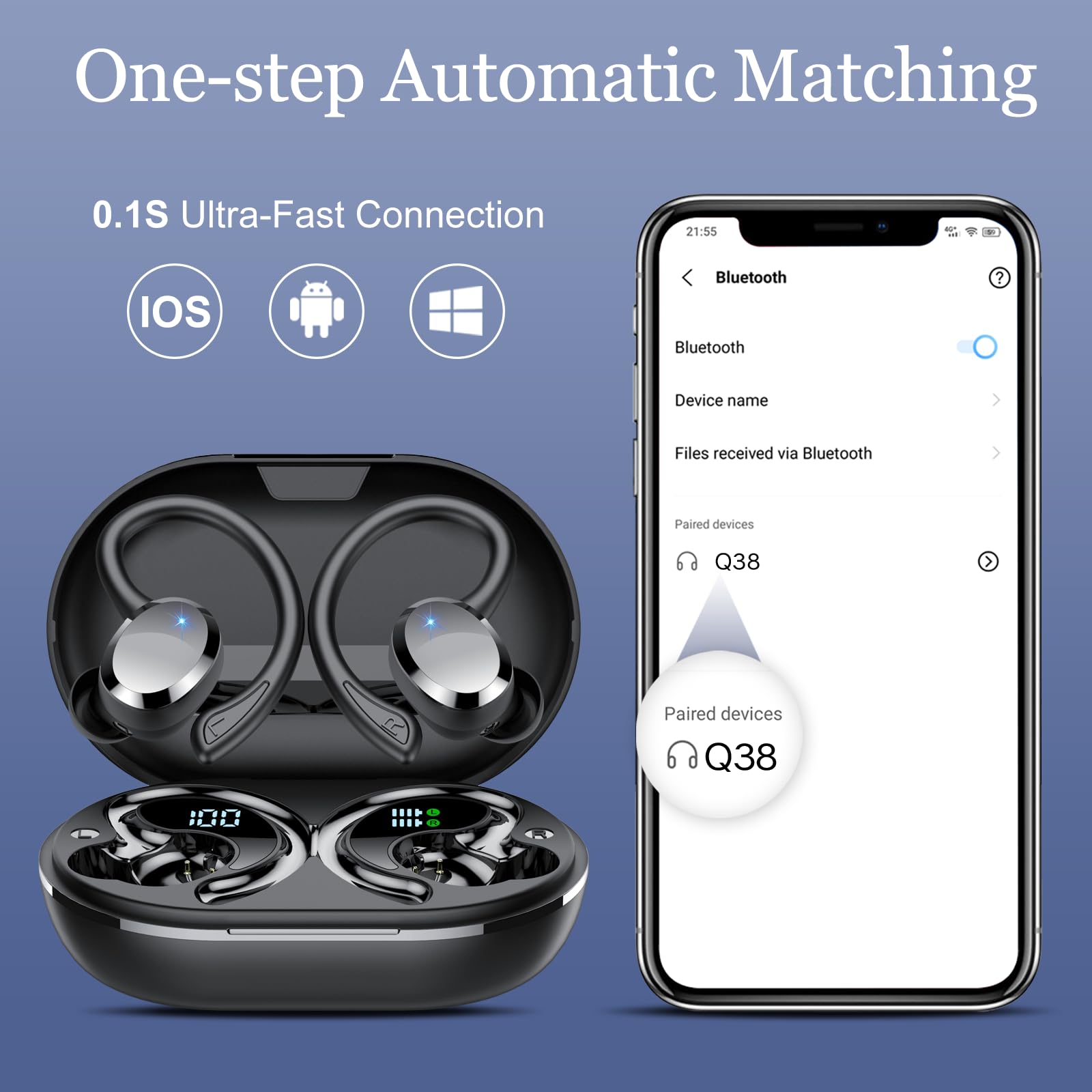 Bluetooth Kopfhörer Sport, Kopfhörer Kabellos Bluetooth 5.4 mit 4 ENC Noise Cancelling Mic, 68Std Hi-Fi Stereo Tiefer Bass Wireless Earbuds, LED-Anzeige, IP7 Wasserdicht Ohrhörer mit Ohrhaken 4