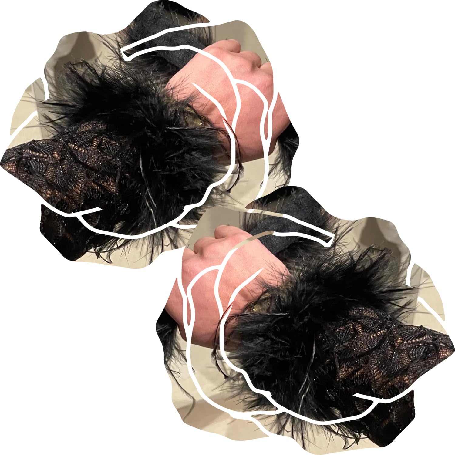 Yeesabella 2 PCS Soft Fur Wristband Feather Slap Bracelet Wristband Wrist Ankle Cuff Furry Bracelets Party Supplies Hair Accessories for Women Halloween Cosplay Christmas Party,Black