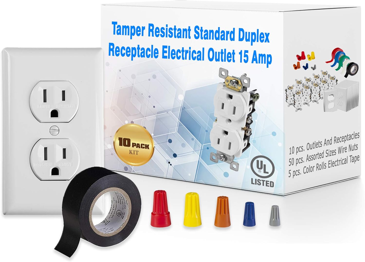 Maximm 10 Pack Tamper Resistant Standard Wall Outlet Duplex Receptacle Electrical Outlet 15A, Wall Plate, White, Assorted screw on wire connector Twist-on Cap Wire Nuts, PVC Vinyl Electrical Tape - UL