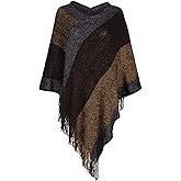 Women's Elegant Knitted Shawl Poncho with Fringed V-Neck Striped Sweater Pullover Cape Gifts for Women Mom