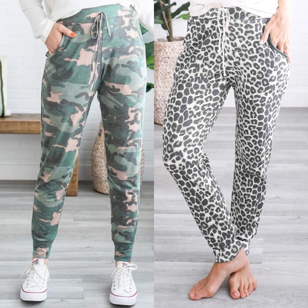 VEZAD Store Womens Harem Pants Leopard Print Elastic Waist Pocket Bandage High Waist Trousers: Clothing