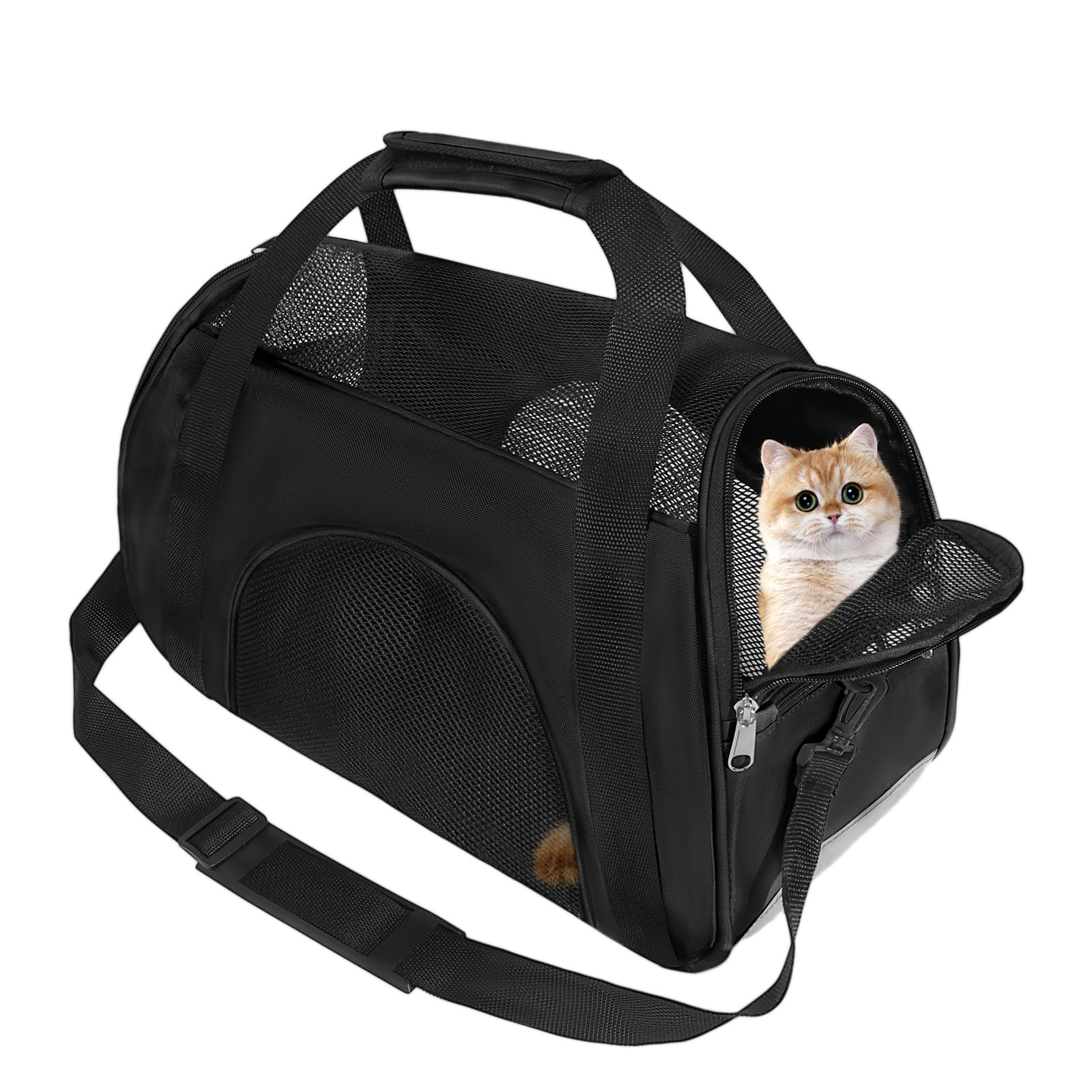 Soft Sided Comfort Cat Carrier，Portable Foldable Pet Travel Carriers Bag For Puppy/Dog With Shoulder Strap & Removable Mat，Durable Cats Basket Airline Approved(Black,M)