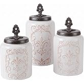 American Atelier Ceramic Kitchen Canister Set Fleur De Lis w/ Lids, 3 PC | White Embossed Airtight Storage Jars for Kitchen Counter Countertop Pantry Organization Coffee Tea Sugar Flour Beans Spices