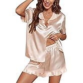 SWOMOG Women's Silk Satin Pajamas Set Short Sleeve Button Down Sleepwear Ruffle Hem Shorts PJ Sets Two-Piece Loungewear