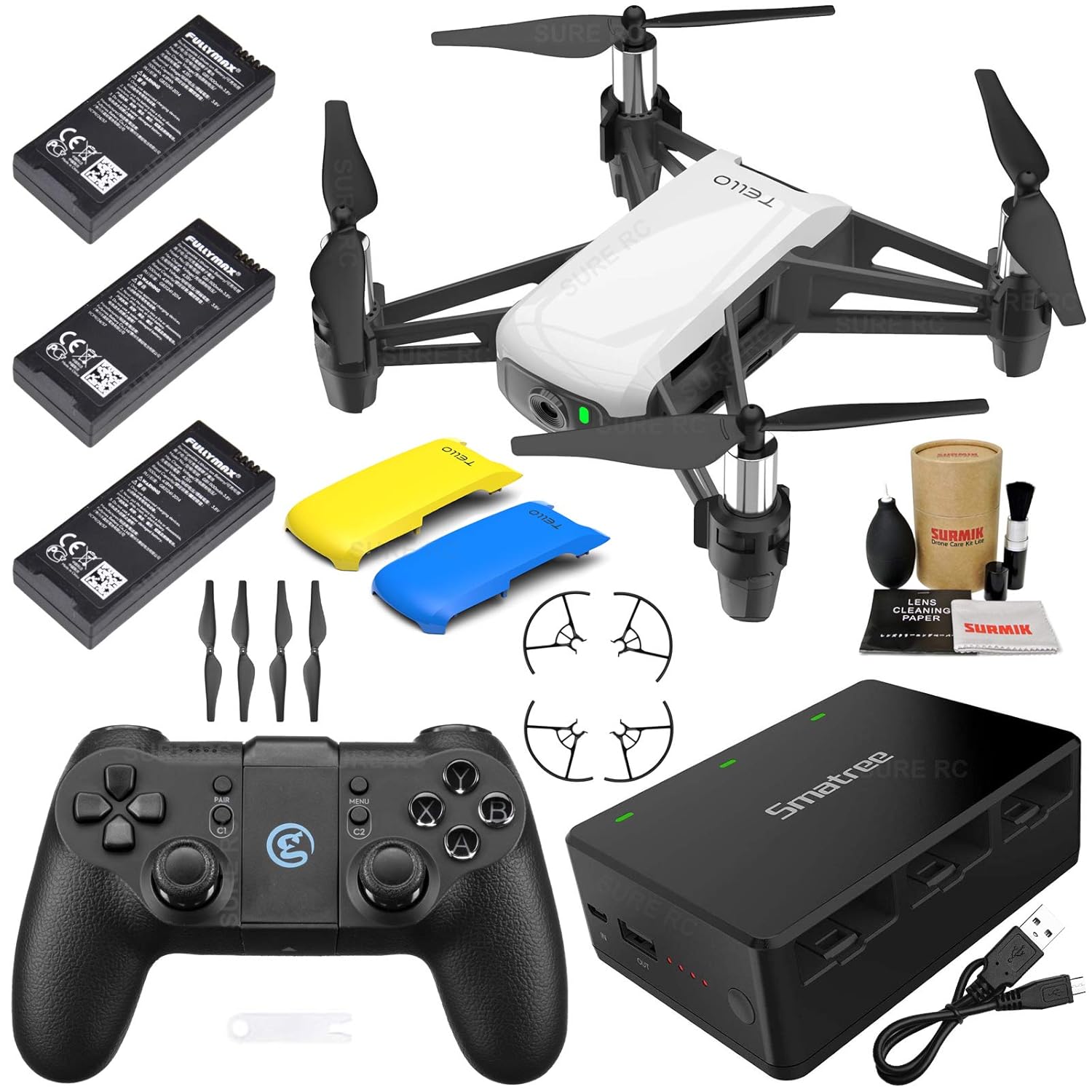 Tello Drone Quadcopter Executive Plus Combo with 3 Batteries, GameSir Remote Controller, Portable Charging Station, Yellow &amp; Blue Snap-On Covers and More
