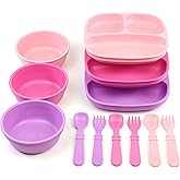 Re-Play 3 Divided Toddler Plates, 3 Utensils Set and 3 Wide Base Bowls - Dishwasher and Microwave Safe - Made in USA - Princess