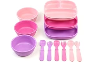 Re-Play 3 Divided Toddler Plates, 3 Utensils Set and 3 Wide Base Bowls - Dishwasher and Microwave Safe - Made in USA - Princess