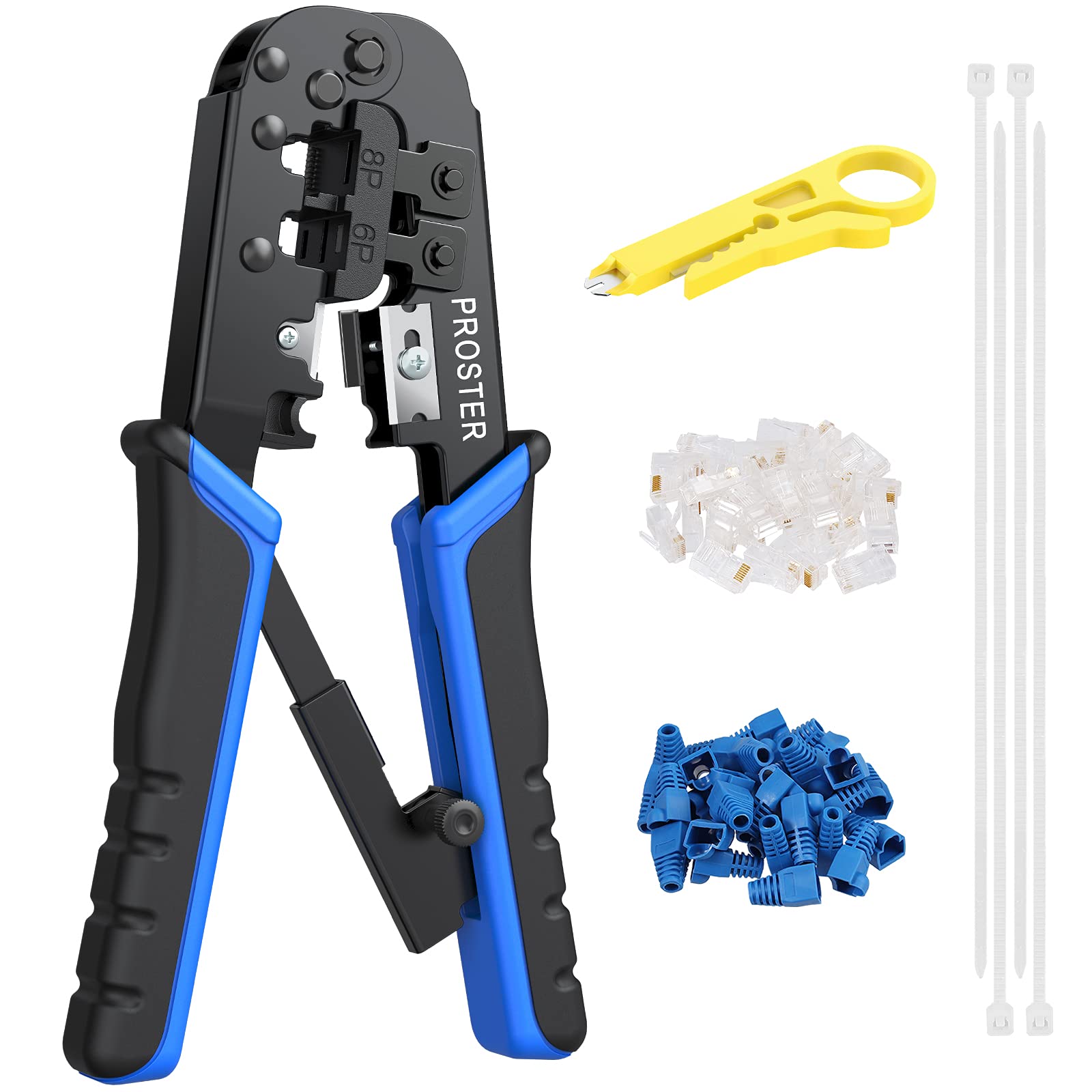 Proster RJ45 Crimp Tool Set Ethernet Crimping Tool with 30PCS RJ45 Cat5 Modular Data Plugs 30PCS Covers 100pcs 6 Inch Nylon Cable Tie and Network Wire Cutter Stripper Ethernet Crimping Tool