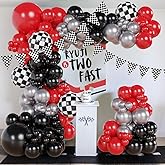 BlissBash Race Car Balloon Arch Garland Kit 126Pcs Red Black and Metallic Silver Balloons with Checkered Foil Balloons and Checkered Flag Banner for Two Fast Birthday Party Decorations