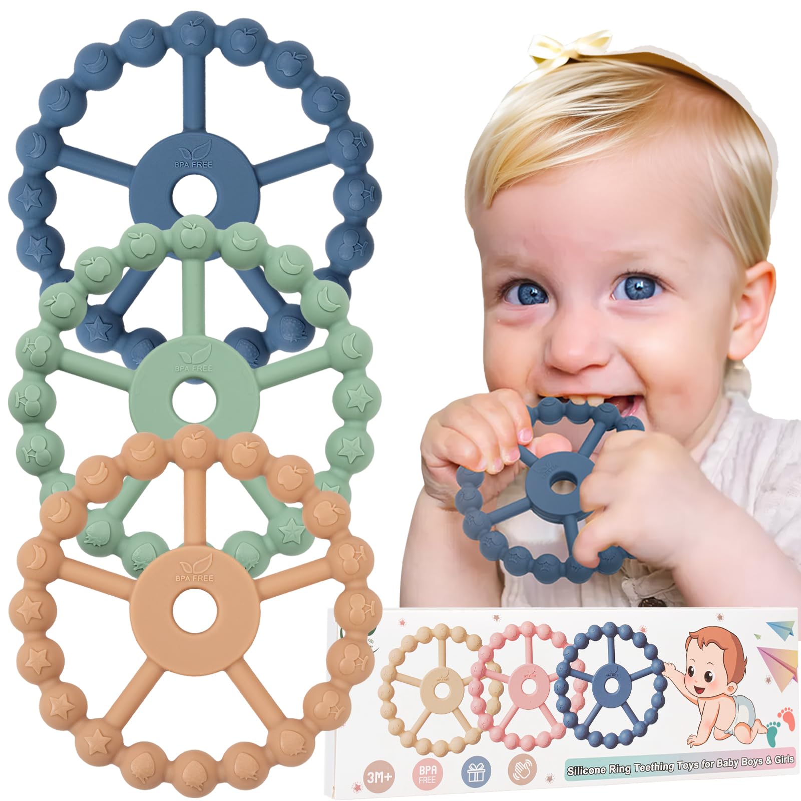 3 Pack Teething Toys for Baby, Silicone Teething Rings Toys, BPA Free Baby Teethers for 0-3-6-12-24 Months, Babies Teething Relief, New Born Accessories-Blue Green Coffee