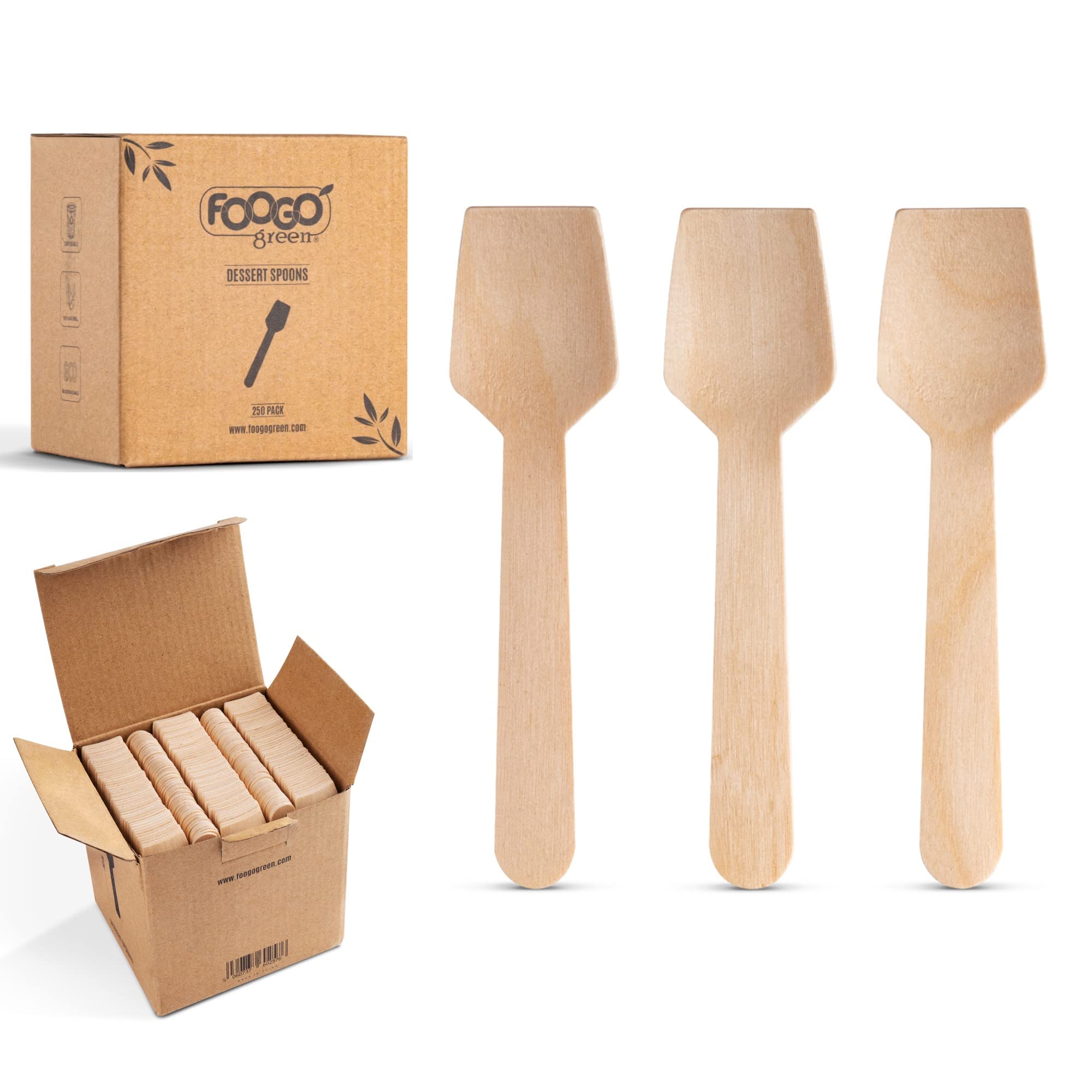 FOOGO Green 250pcs Disposable Wooden Dessert Spoons, FSC® Certified, 9.5cm Small Spade Shape Disposable Cutlery, for Icecreams Jelly Cakes, Sturdy Eco-Friendly Wooden Spoon, Like Bamboo Cutlery