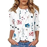 LOMON 3/4 Length Sleeve Womens Tops Spring Summer Fashion 2026 Tops Crew Neck Pleated Shirts Tunic Top Loose Fit