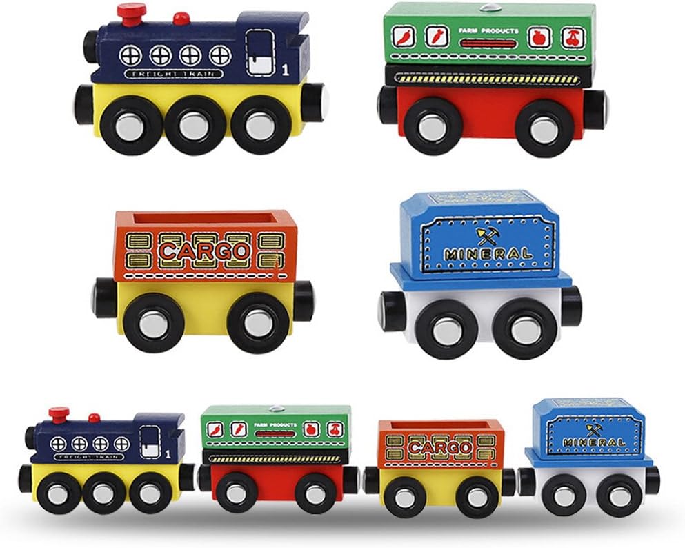 MinYn Wooden Train Cars with Magnetic Engine Deluxe Train Toy Set Collection for Kids Boys and Girls - 4 Pieces(Freight Train Series)