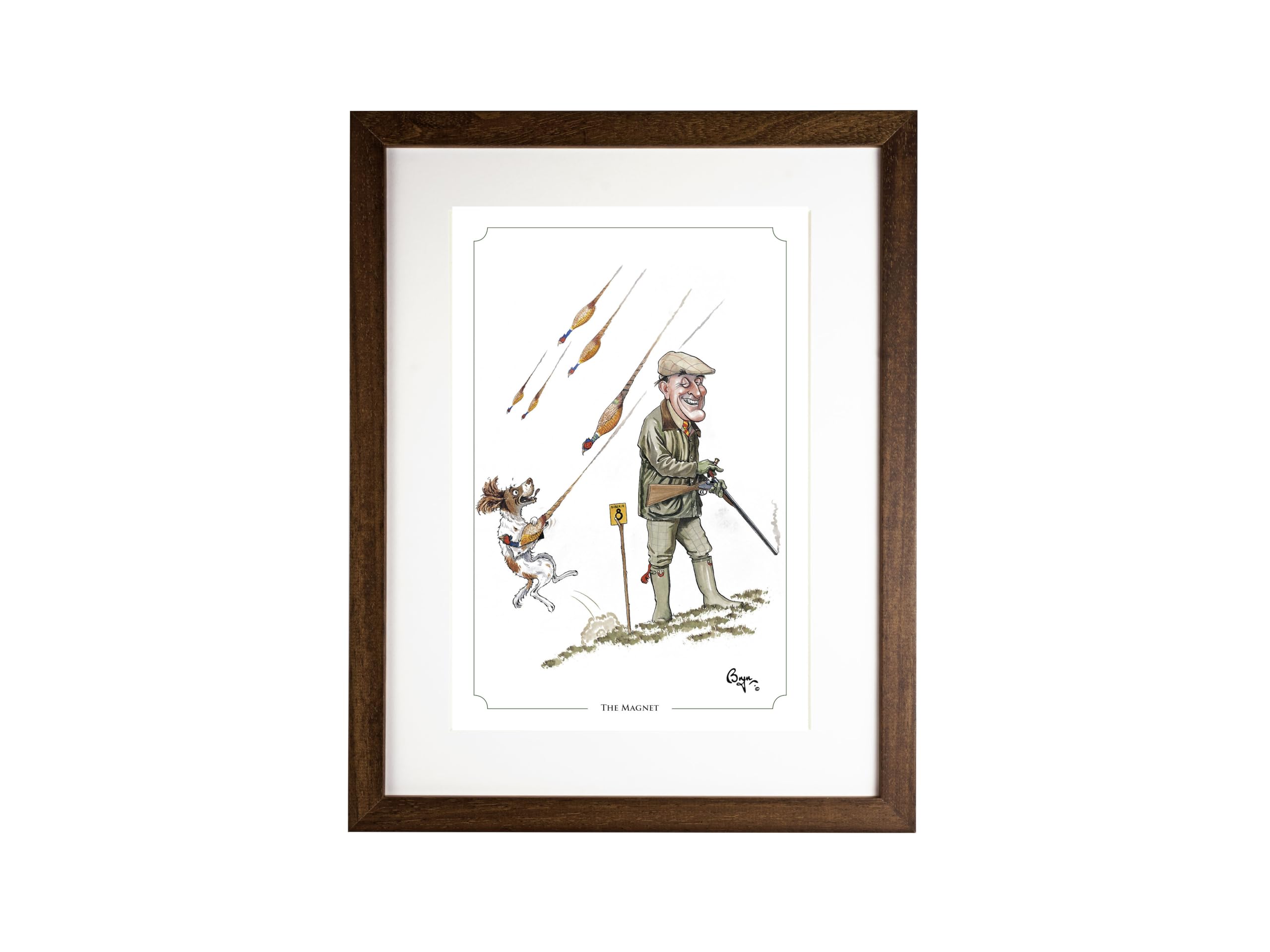 Bryn Parry Game shooting cartoon. The Magnet Open edition, embossed, collectable FRAMED print ready to hang