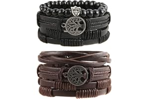 HZMAN Genuine Leather Tree of life Bracelets Men Women, Tiger Eye Natural Stone Lava Rock Beads Ethnic Tribal Elastic Bracelets Wristbands