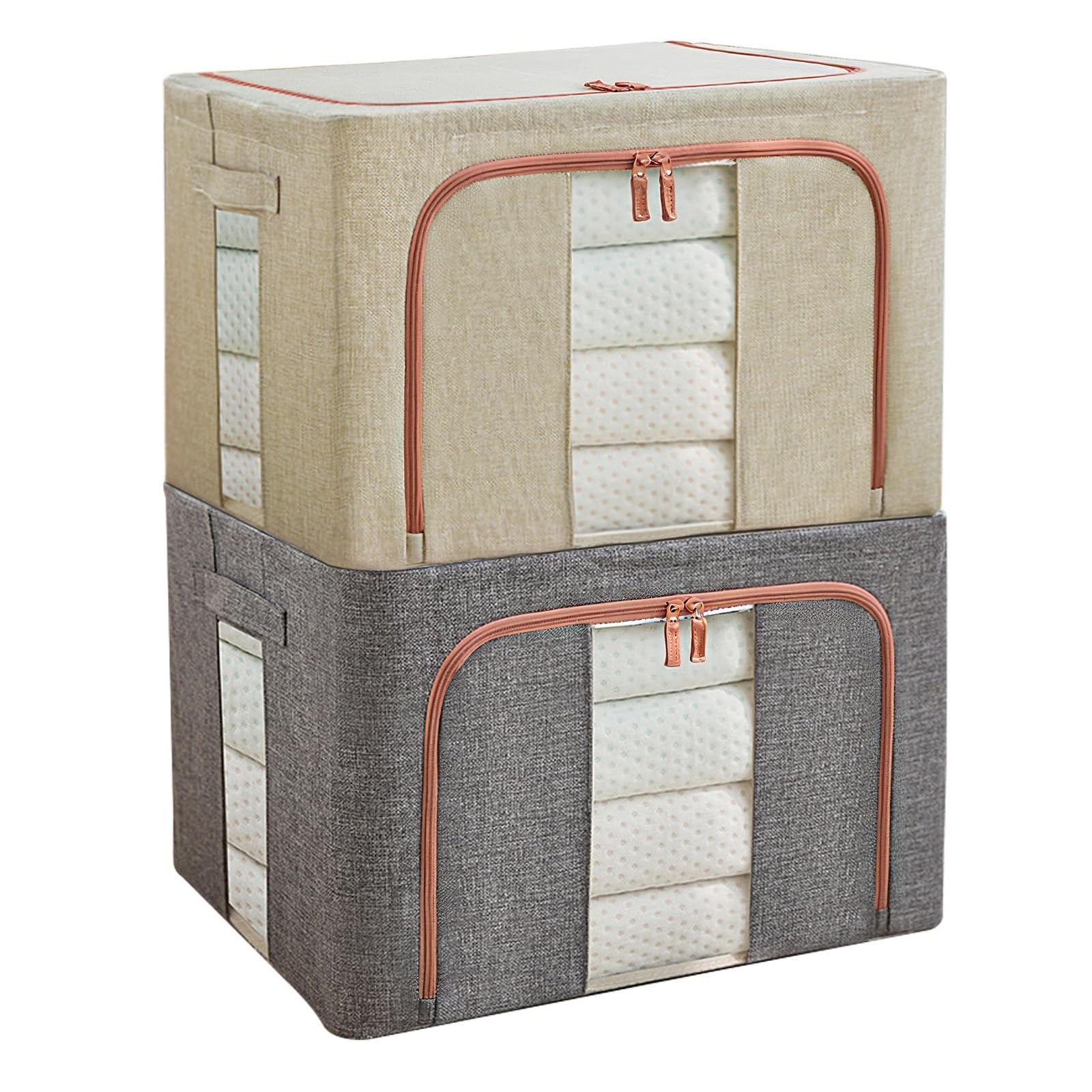 Douzi 2 Pack Large Capacity Clothes Storage Organizer, Foldable Steel Frame Storage Bins, Perfect for Comforters, Bedding, Toys, with Sturdy Zipper & Clear Window-66L