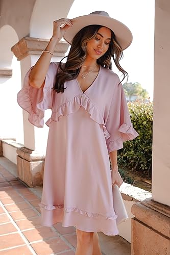 Dokotoo Womens Dress Summer Ruffle Short Sleeve Sundress V Neck