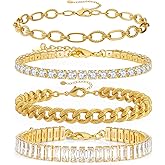 WOWORAMA 4Pcs Gold Bracelets Set for Women Multi Layered Link Chain Bracelet Stack Gold Tennis Bracelet Trendy Stackable Love Bangle Bracelets Jewelry