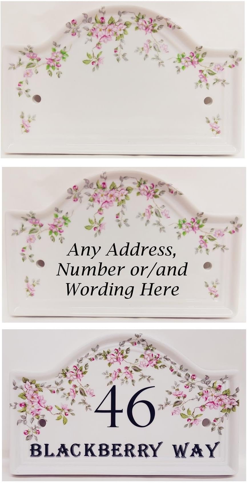 Pink Wild Roses Personalised House Door Plaque Ceramic House Sign Hand Decorated in UK