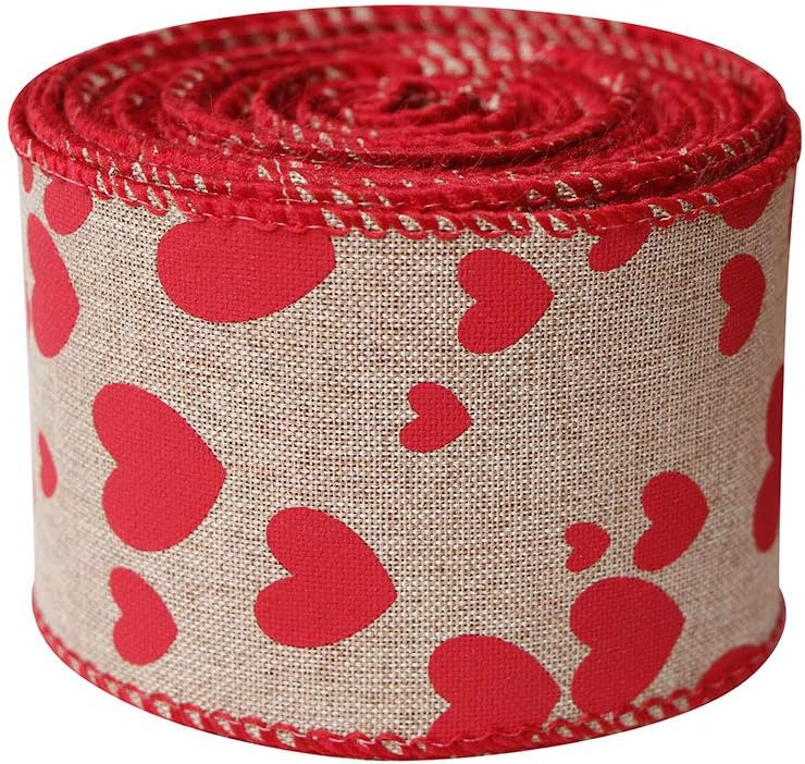 Red Heart Printed Valentine's Day Burlap Ribbon Wired Edge Ribbon- 2.5" x 5.5 Yards
