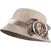 Vijiv Women's Vintage 1920s Gatsby Hat Linen Bucket Cloche Derby Church Hat for Cocktail Party with Floral 56-58cm