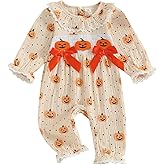 Motlapol Baby Girl Halloween Outfit Pumpkin Embroidery Lace Ruffle Collar Long Sleeve Muslin Smocked Jumpsuit Fall Clothes