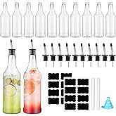 Dandat 24 Pieces 32 oz Plastic Long Neck Bottles with Pourer and Caps Plastic Juice Pour Bottles with Stainless Steel Pourers Tapered Spout for Liquor (Silver)