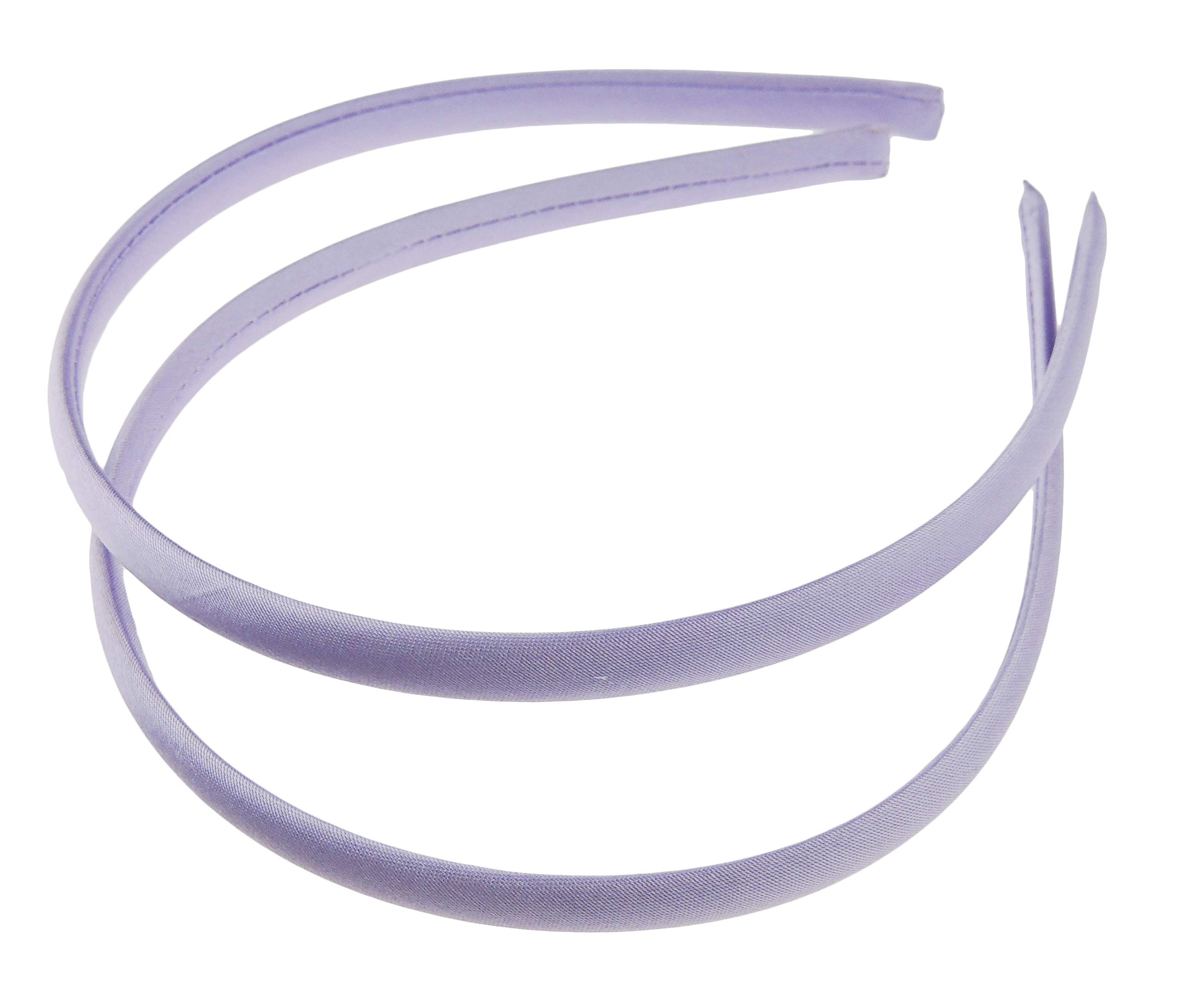 Pair of 2 Slim Thin 1cm Satin Covered Teens Girls Bridesmaid Basic Party Satin Plain DIY Alice Headband Hairband Head Hair Band Kids School Uniform (Lilac, One Size)