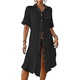 Bsubseach 2026 Cotton Beach Cover Up for Women - Long Button Down Swimsuit Coverup Bathing Suit Shirt Dress Vacation Outfits