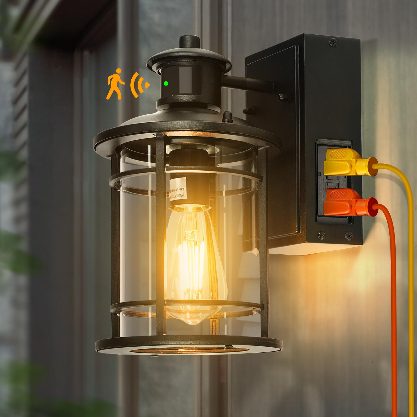Photo 1 of Retro Industrial Black Outdoor Wall Lights with GFCI Outlet - Dusk to Dawn & Motion Sensor Porch Light, 3 Modes, Waterproof Anti-Rust Exterior Sconce for Porch,Garage, Patio, House