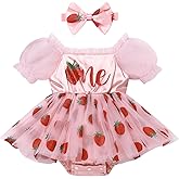 FYMNSI Baby Girl 1st Birthday Outfit Floral Strawberry Ruffle Romper Tutu Dress Headband Two Piece Toddler Summer Clothes