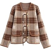 CUFEZN Women's Sweater Cardigans Vintage Plaid Knit Blazer Jacket Winter 2025 Button Down Cardigan Coats with Pockets