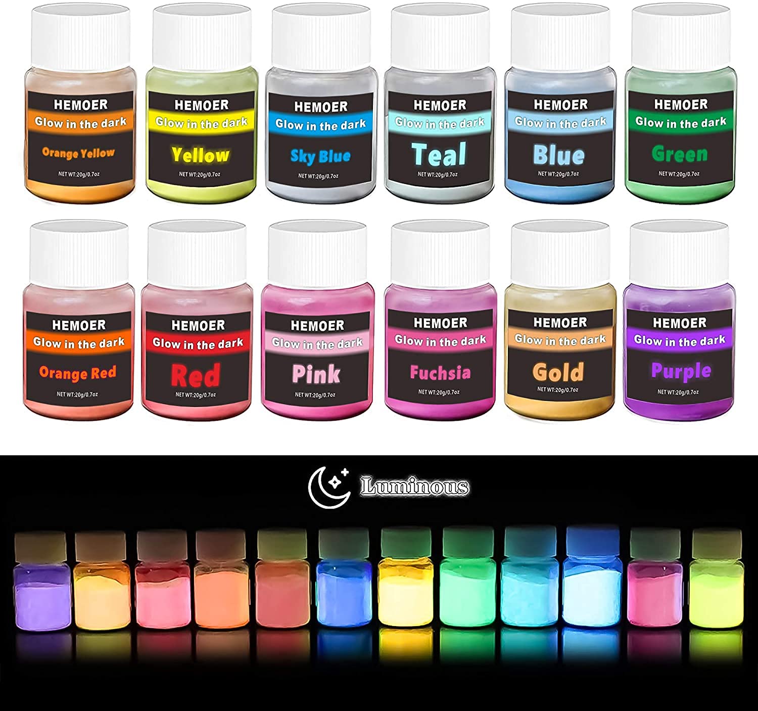HEMOER Glow in The Dark Pigment Powder, 12 Colors Luminous Powder Skin Safe Long Lasting Self Glowing for Nails, DIY Craft, Epoxy Resin, Face, Body Art, Halloween Christmas Decor 0.7oz/Bottle