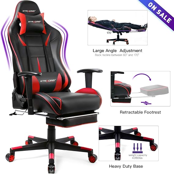 Amazon Com Gtracing Gaming Chair With Footrest Racing Computer Chair Pu Leather Ergonomic High Back Adjustable Height Professional Esports Chair With Headrest And Lumbar Pillows Red Furniture Decor