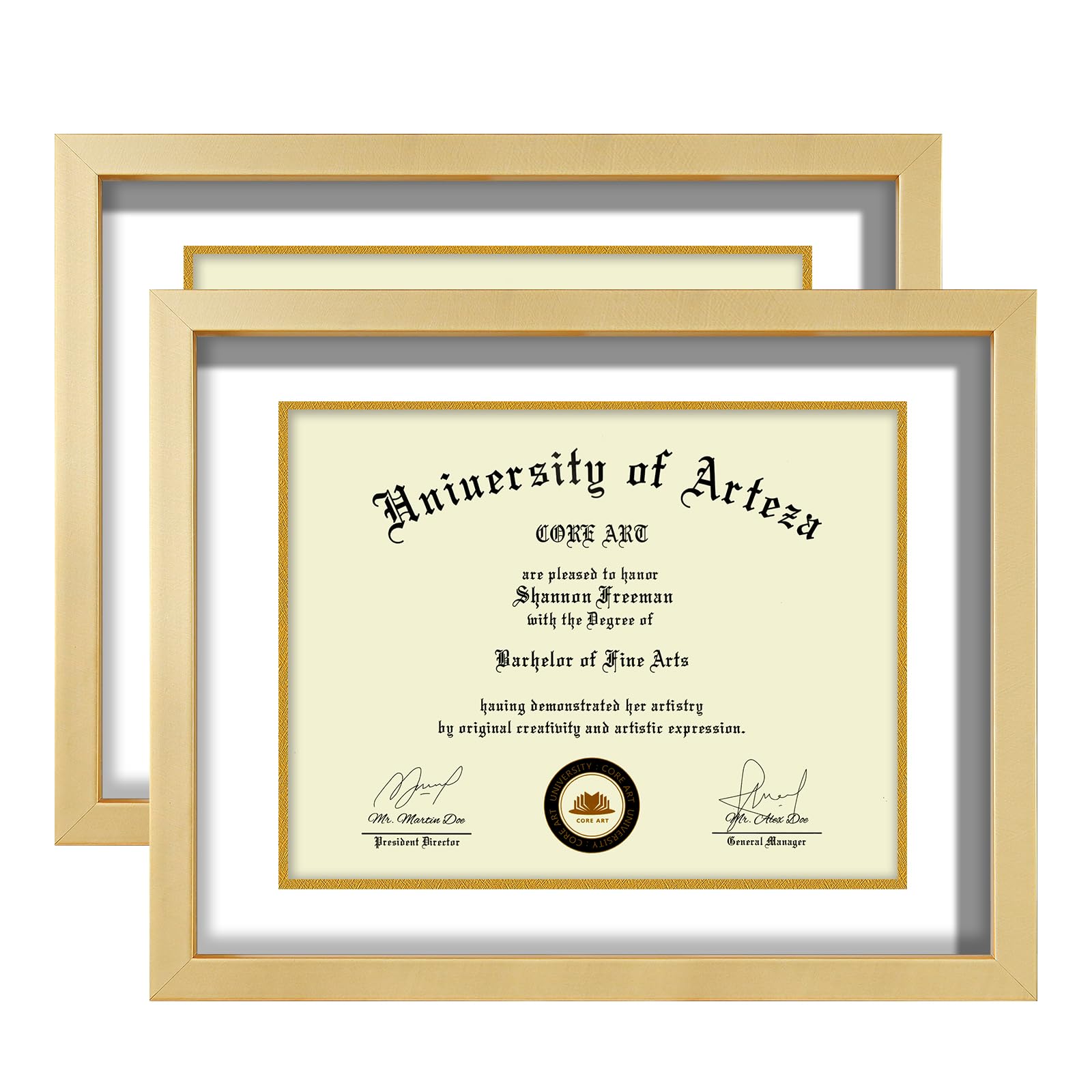 Photo 1 of CORE ART 11x14 Diploma Frame Display Certificates 8.5 x 11 with Mat or 11 x 14 without Mat, College Degree Frame with Real Glass, Wall and Tabletop Display(Gold,2 Pack)