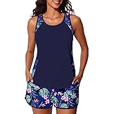 Summer Mae Modest Tankini Swimsuits for Women 2026 Textured Ribbed Bathing Suits Tummy Control Swim Shorts with Pockets