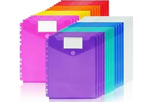 Gtheimn 32 Pack Poly Binder Pockets with Hook and Loop, 11-Hole Vertical Opening Plastic Envelopes, Letter Size Waterproof Do