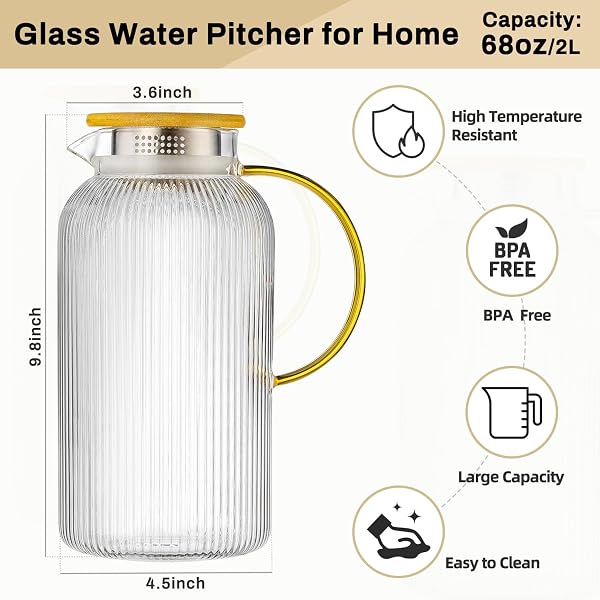 BUAIC 2 PACK GLASS PITCHER WITH LID, 68 OZ/ 2 LITER CLASSIC VERTICAL STRIPES WATER PITCHER WITH BAMBOO LIDS,GLASS WATER CARAFE FOR COLD BREW, COFFEE, LEMONADE, ICED SUN TEA,BEVERAGE,MILK