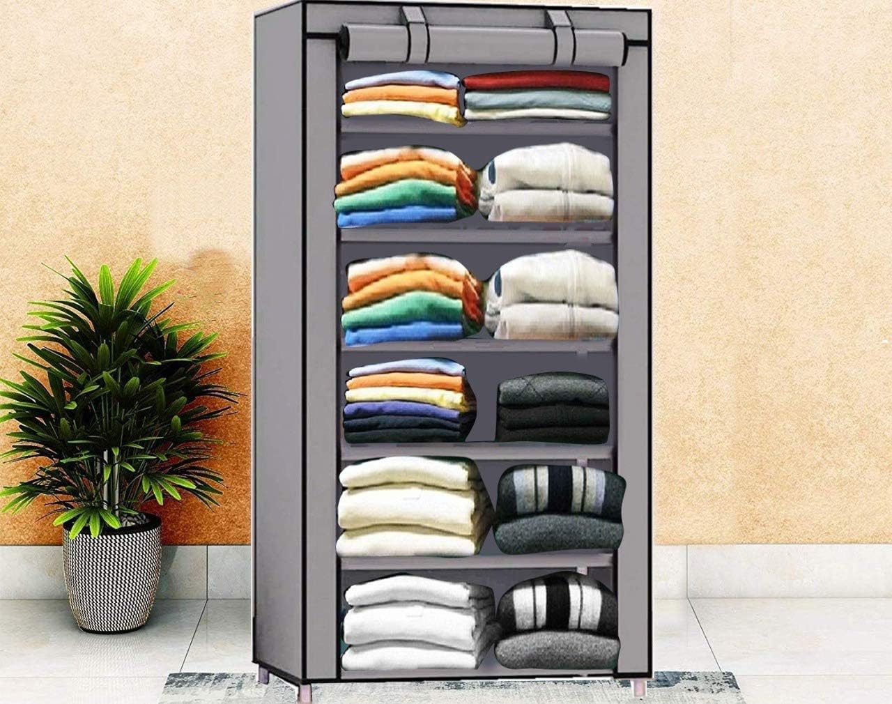 Keekos Collapsible Wardrobe Organizer, Storage Rack for Kids and Women, Clothes Cabinet, Shoe Rack, Bedroom Organiser with 6 Layer_Grey