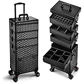 Yueieoun 5 in 1 Makeup Train Case, Cosmetology Case on Wheels Travel Make up Case Rolling Nail Cart Makeup Organizer Cosmetic Storage Box Cases Extra Large Trolley Truck with 360° Swivel Wheels, Black