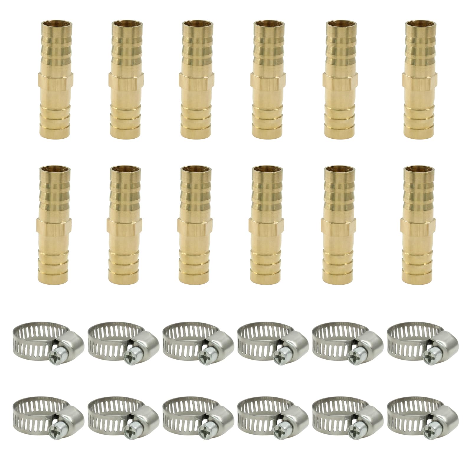 Photo 1 of PHITUODA 6Pcs Brass Hose Barb Fitting, 1/2" to 1/2" Barb Splicer Mender Hose Fittings Brass Hose Barb Adapter with Pipe Hose Clamp for Air Water Fuel Oil