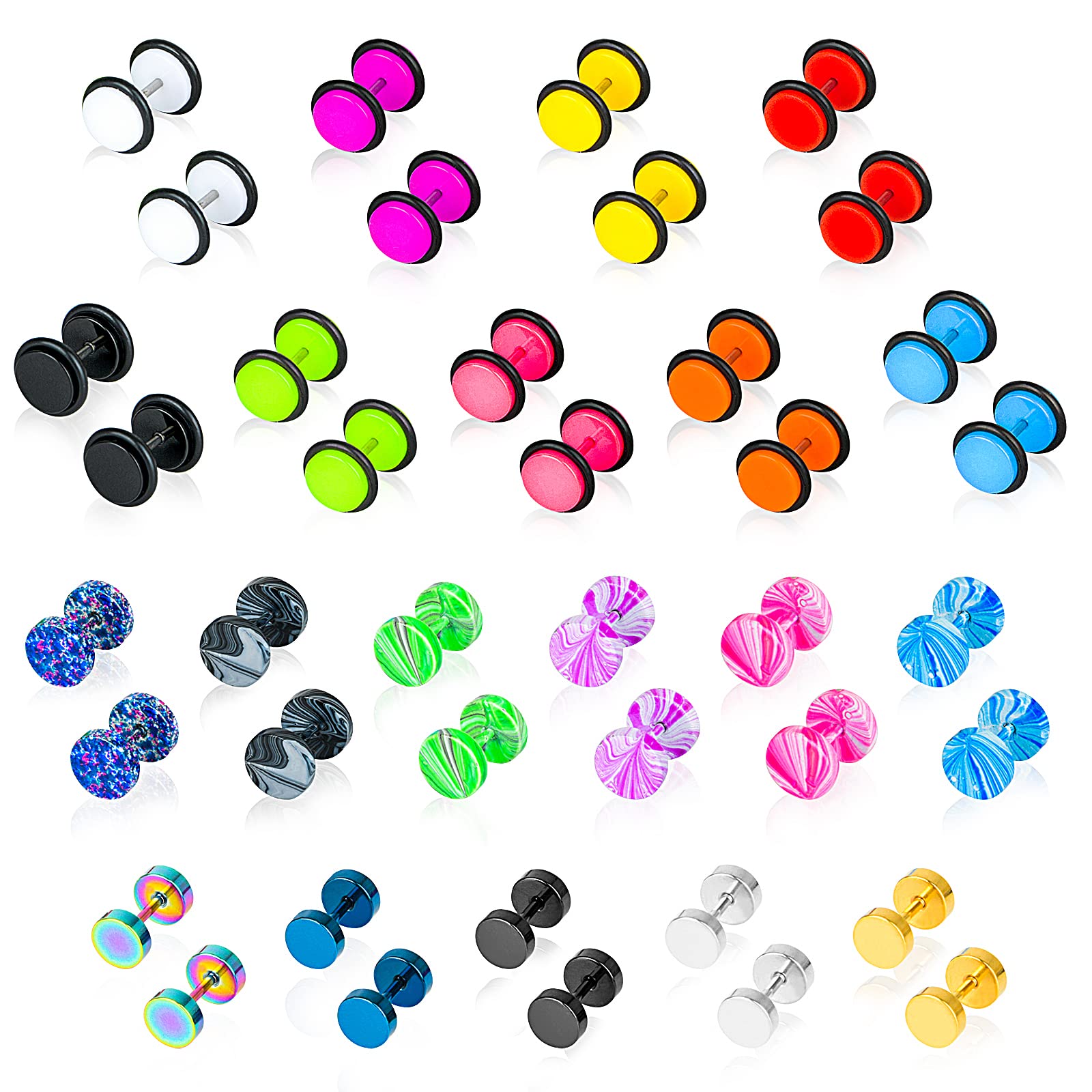 Ruisenda 20 Pairs Stainless Steel Men Women Stud Earrings Set Ear Piercing Plugs Tunnel Fake Gauges Faux Plug Gauge Earrings Back Stud, 20 Colors