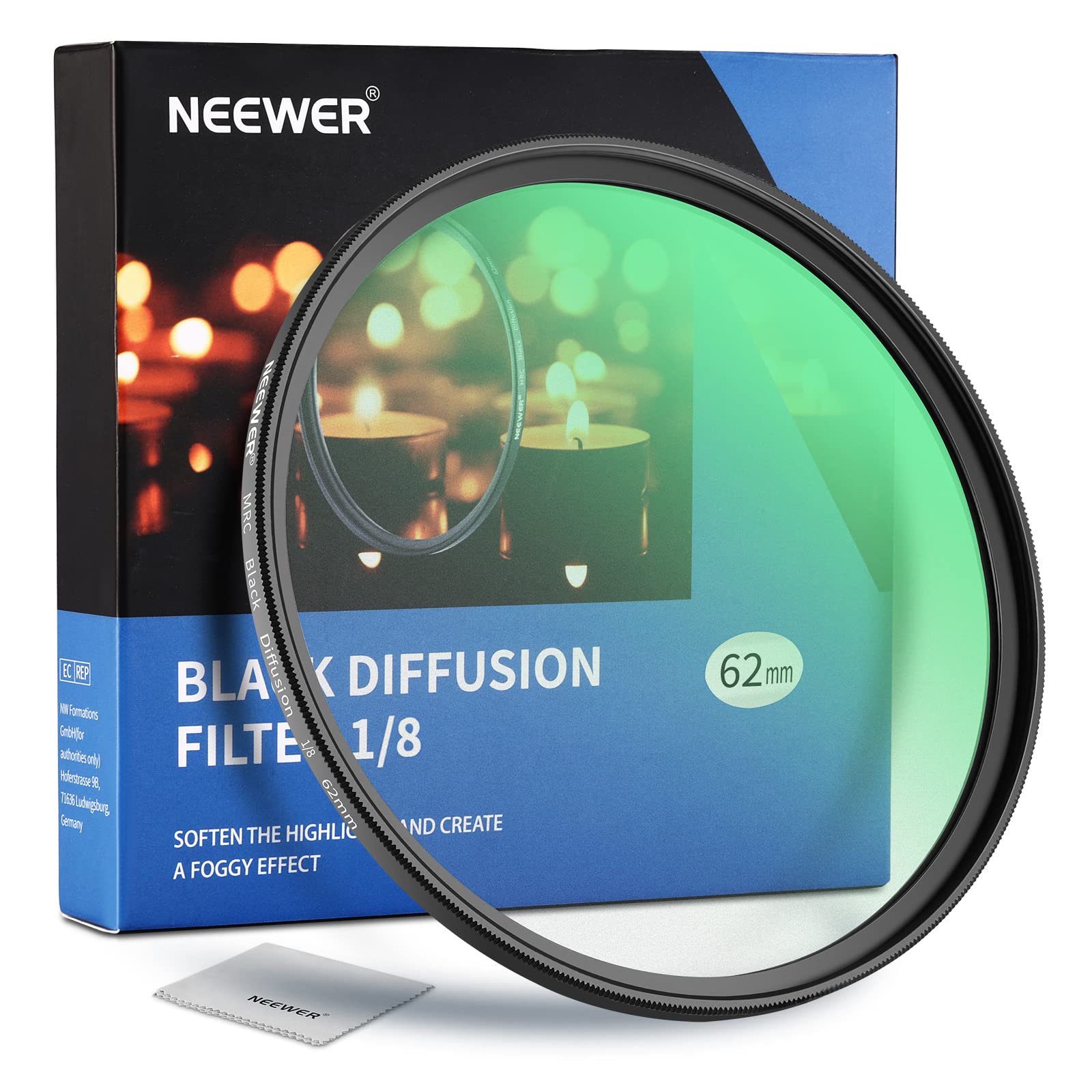 NEEWER 62mm Black Diffusion 1/8 Filter Dreamy Cinematic Effect Filter Ultra Slim Water Repellent Scratch Resistant HD Optical Glass, 30 Layers Nano Coatings for Video/Vlog/Portrait Photography