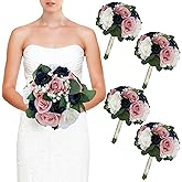 DIYDOFUN Set of 4 Bridesmaid Bouquets, 11 Inch Wedding Artificial Flower Bouquets for Wedding Ceremony Bridal Shower Decorations - Dusty Pink & Navy Blue